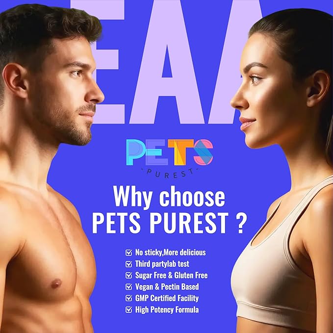 Pets Purest EAA Gummies 120 Gummies (Blueberry),Essential Amino Acids - All 9 Essential Aminos (EAA) and All Branched-Chain Aminos (BCAAs), Non-GMO, Gluten Free, Vegetarian Friendly