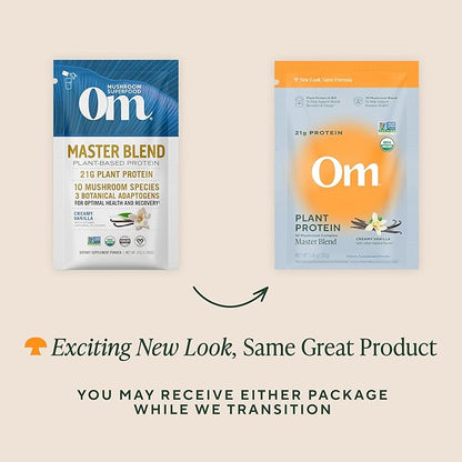 OM MUSHROOM SUPERFOOD Master Blend Vegan Protein – Organic Vanilla Plant Protein with 10 Mushrooms, Ashwagandha, BCAAs & B12 – Energy, Recovery & Immune Support – 10 Single Serves