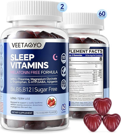 VEETAGYO Melatonin Free 5-HTP GABA Supplement Gummies for Adults & Kids 12+ with L-Theanine, Magnesium Glycinate, L-Tryptophan, Apigenin - Sugar Free, Strawberry Flavor, Vegan, 120 Count