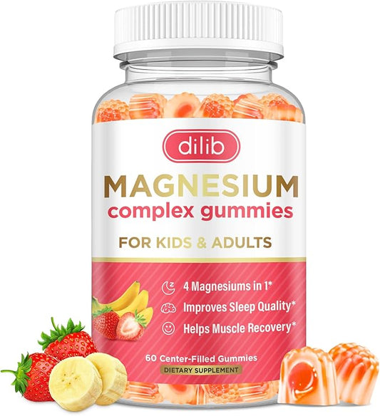 Magnesium Complex Gummies for Kids & Adults- Magnesium Glycinate, Taurate, Citrate, Malate Supplement-Support Calm Stress Relief, Bone, Muscle, Mood Vegan, Banana & Strawberry Flavor, 60 Gummies