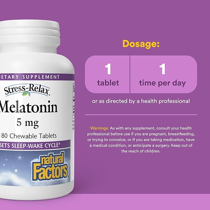 Stress-Relax Melatonin 5 mg by Natural Factors, Natural Sleep Aid, Resets the Sleep-Wake Cycle, 180 chewable tablets (180 servings), Peppermint Flavor