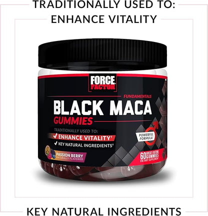 Force Factor Black Maca Gummies, 3-Pack, Black Maca Root to Enhance Male Vitality, Increase Energy & Strength, with BioPerine for Superior Absorption, Delicious Passion Berry Flavor, 180 Gummies