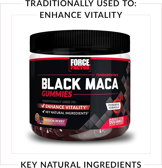 Force Factor Black Maca Gummies, 2-Pack, Black Maca Root to Enhance Male Vitality, Increase Energy & Strength, with BioPerine for Superior Absorption, Delicious Passion Berry Flavor, 120 Gummies