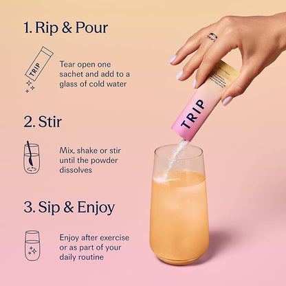 TRIP Electrolytes Powder Packets with Magnesium, Ashwagandha & Vitamin D. Peach Yuzu Daily Hydration Packets, Vegan, Electrolyte Drink Mix, Calming Hydration Powder, 20 Sachets