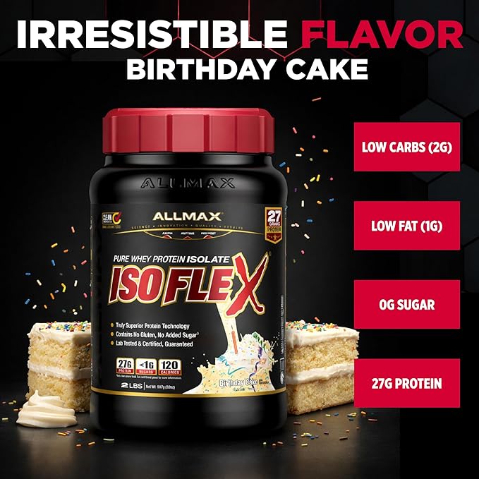 ALLMAX ISOFLEX Pure Whey Isolate Protein Powder - Gluten Free, Low Lactose, Sugar-Free - High-Protein, Clean, Keto-Friendly for Pre Post Workout Supplement for Women and Men | Birthday Cake, 2lb