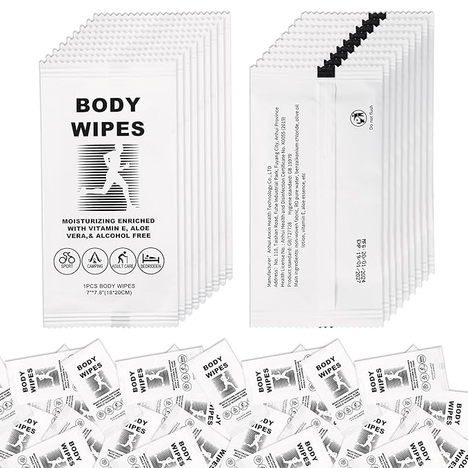 twoworld Body Wipes for Women and Men, Individually Wrapped Face and Body Wipes, No Rinse Personal Cleansing Wipes, Travel Size, 50 Count