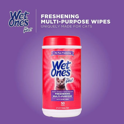 Wet Ones for Cats Freshening Wipes, Multi-Purpose Cat Grooming Wipes with Aloe Vera, Helps Remove Dirt, Odor, and Dander Between Baths, Fresh Scent, 50 Count - 3 Pack