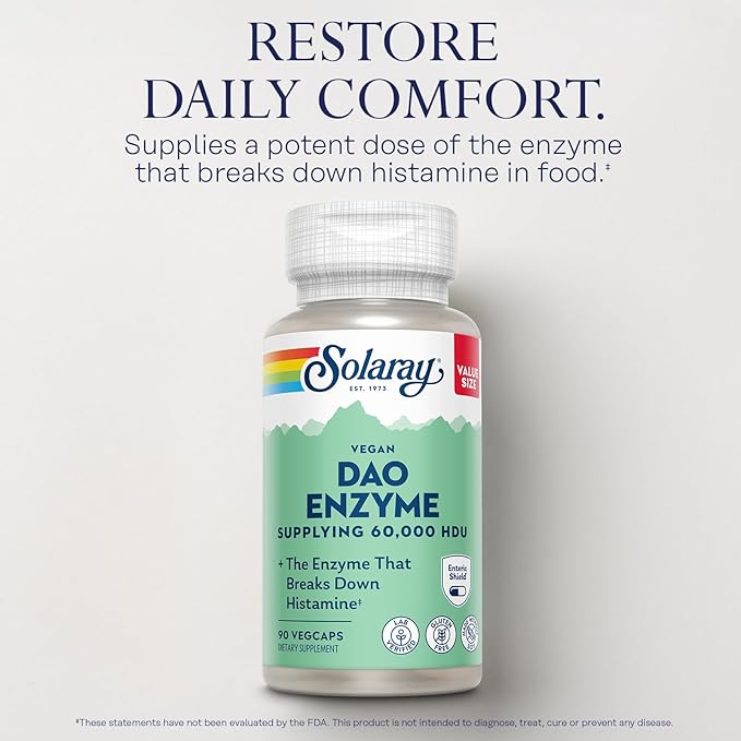 SOLARAY DAO Enzyme - Breaks Down Histamine - 60,000 HDU - Vegan, Gluten Free, Lab Verified - 90 Servings, 90 VegCaps