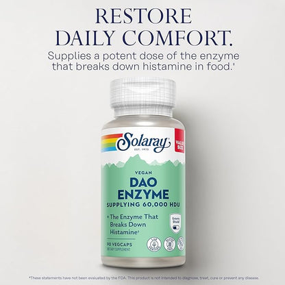 SOLARAY DAO Enzyme - Breaks Down Histamine - 60,000 HDU - Vegan, Gluten Free, Lab Verified - 90 Servings, 90 VegCaps