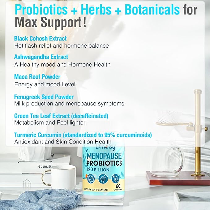 Menopause Supplements for Women, 120 Billion CFU Probiotic, 13-in-1 Herbs Probiotics Complex, for Menopause Relief, Hormone Balance, Hot Flashes, Night Sweats, Mood Swings, Gut & Immunity - 60 Capsule