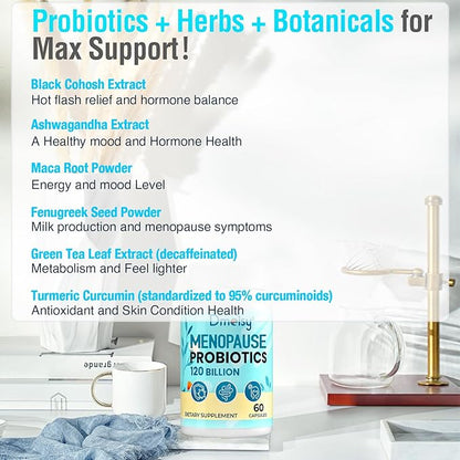 120 Billion CFU Probiotic - Menopause Support Probiotics for Women, Natural Menopause Probiotic Supplement for Hot Flashes Night Sweats Mood Swings Hormone Balance Gut & Immune Health- 120 Caps
