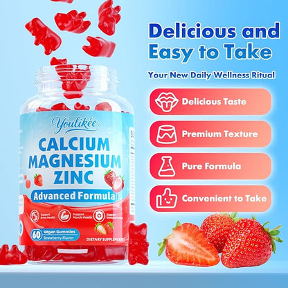 Calcium Magnesium Zinc Gummies for Adult, Calcium Citrate with Vitamin D3, High Absorption Calcium Magnesium Supplement for Women & Men, Sugar-Free, Strawberry Flavor, 60 Count