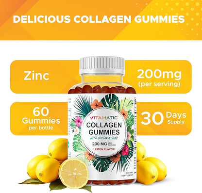 Vitamatic Hydrolyzed Collagen Gummies with Vitamin C, Zinc and Biotin, 200 mg - Healthy Skin Support - 60 Gummies