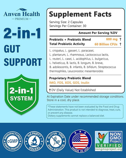 60 Billion Probiotic and Prebiotic for Women and Men - 19 Strains 5 Organic Prebiotics for Gut Digestive & Immune Health, Supports Diarrhea Gas Bloating, Non-GMO – Made in USA丨60 Caps