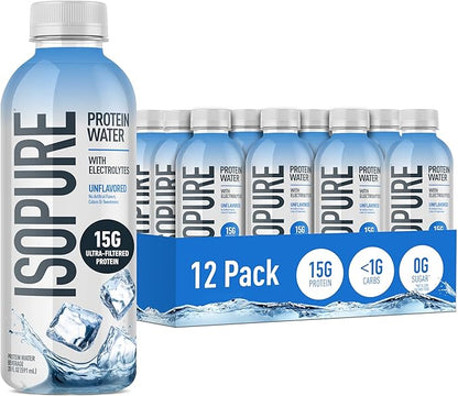 Isopure Clear Protein Water with Electrolytes, 15g Whey Protein Isolate, Zero Sugar, Unflavored, 20 fl oz Bottles, 12-Pack