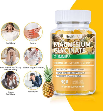 Magnesium Glycinate Gummies 1000mg, High Absorption Sugar Free Magnesium Potassium Supplement for Relaxation, Stress Relief, and Sleep Support for Adults & Kids - 180 Pineapple Gummies