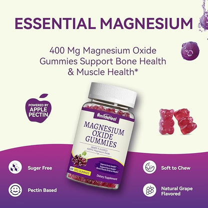 Magnesium Oxide Gummies 400mg, Chewable Magnesium Gummies for Women & Adults, Nerve & Muscle Support - Sugar-Free, Vegan, 60 Count