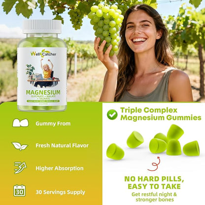 Triple Magnesium Complex Gummies for Women Men: Magnesium Glycinate Malate Taurate Supplements Support Sleep Mood Balanced Bones Muscle Health with CoQ10 Vta D3 Calcium, Sugar Free Vegan 30 Days