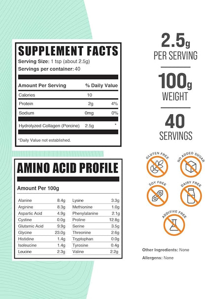 BulkSupplements.com Porcine Collagen Powder - Hydrolyzed Collagen Supplement, for Hair, Skin, & Nails - Unflavored & Gluten Free, 2.5g per Serving, 100g (3.5 oz) (Pack of 1)