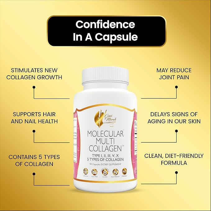 Cocó March N.M.D. Molecular Multi-Collagen - Types I, II, III, V & X – Hair, Skin, Nails & Joint Support for Women & Men – Low Molecular Weight Collagen, Gluten Free, Dairy Free, Soy Free, 90 Capsules