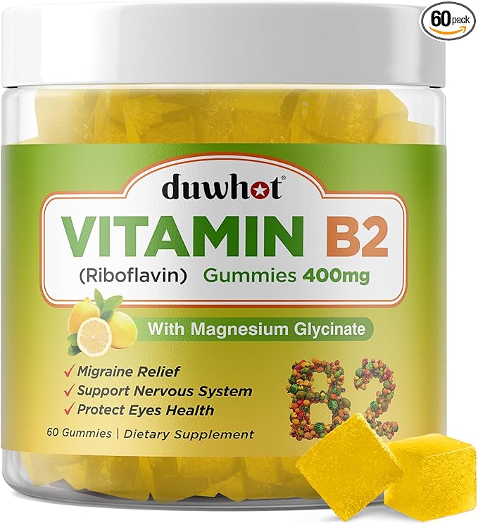 duwhot Vitamin B2 Gummies with Magnesium- Riboflavin 400mg for Migraine Relief & Headache Relief, B2 Vitamins Gummies for Adults & Kids, Vegan, 60 Chewable