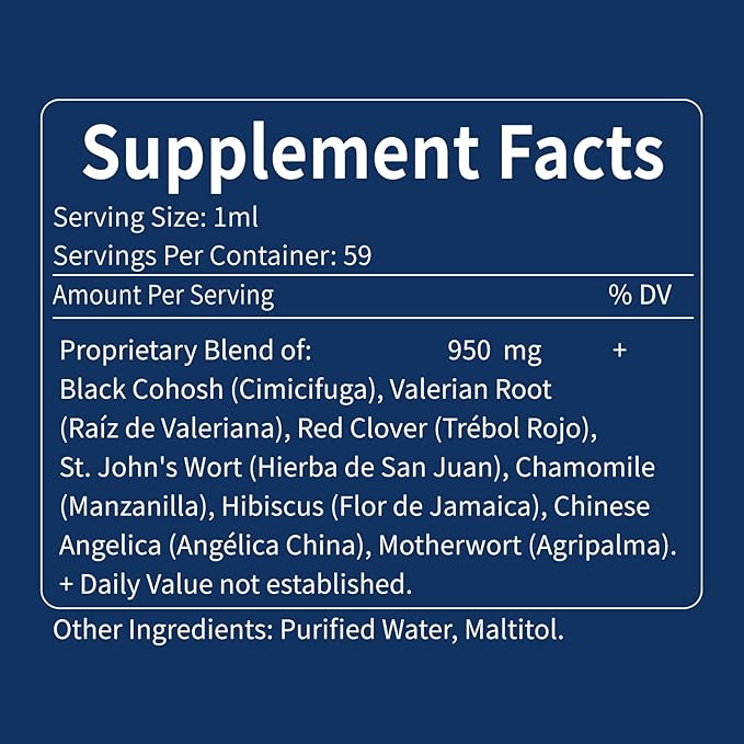 Black Cohosh Liquid Drops for Menopause Hot Flashes, 8-in-1 Herbal Supplements Tincture w/Red Clover, Motherwort Extract for Night Sweats. Cimicifuga & Valeriana para Menopausia. 2oz
