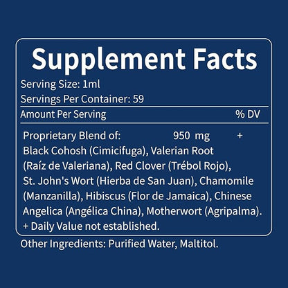 Black Cohosh Liquid Drops for Menopause Hot Flashes, 8-in-1 Herbal Supplements Tincture w/Red Clover, Motherwort Extract for Night Sweats. Cimicifuga & Valeriana para Menopausia. 2oz