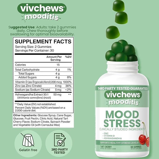 Mood & Stress Gummies – Zinc, Vitamin D & Ashwagandha for Calm & Emotional Balance, Natural Tart Cherry Flavor, Fruit Pectin Based, Non-GMO, No Artificial Colors or Sweeteners, 60 Count
