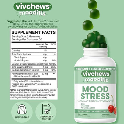 Mood & Stress Gummies – Zinc, Vitamin D & Ashwagandha for Calm & Emotional Balance, Natural Tart Cherry Flavor, Fruit Pectin Based, Non-GMO, No Artificial Colors or Sweeteners, 60 Count