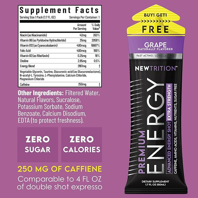 NewTrition® Extra Strength Energy Shots, 1.7 fl oz - 250mg Caffeine with Vitamin B & Amino Acids, Sugar-Free, Zero Calorie Vitamin Energy Drink for Focus & Endurance (Pack of 6, Grape)