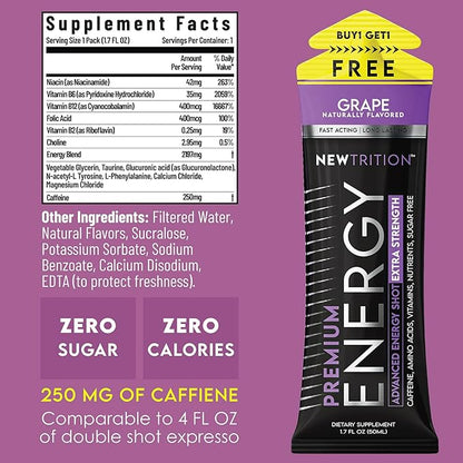 NewTrition® Extra Strength Energy Shots, 1.7 fl oz - 250mg Caffeine with Vitamin B & Amino Acids, Sugar-Free, Zero Calorie Vitamin Energy Drink for Focus & Endurance (Pack of 6, Grape)