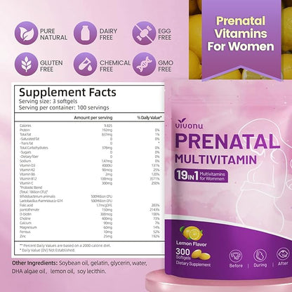 VivoNu 19 in 1 Prenatal Multivitamin, Prenatal Vitamins for Women, Vitamin C D3, K2, B6, B12 with Folic Acid, DHA, Choline, Probiotic, Iron, Calcium, Zinc & Magnesium, Lemon Flavor, 300 Softgels