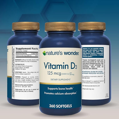 Nature's Wonder Vitamin D3 5000iu (125mcg) High Potency, Dietary Supplement to Support Bone Health and Immune System, Gluten Free, 360 Softgels, 1 Year Supply