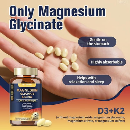 9-in-1 Magnesium Glycinate 500mg + Vitamin D3 5000 IU & K2 Complex - High Absorption - Healthy Stress, Sleep, Muscle Function, Bone Health & Energy Supports | Non-GMO, Gluten-Free 2 Pack