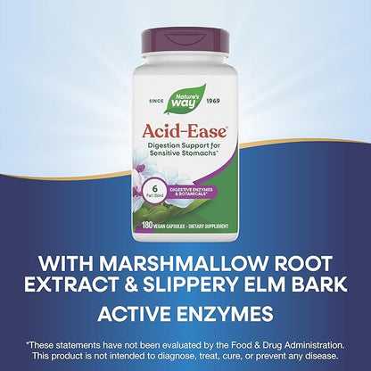 Nature's Way Acid Ease, Digestive Support Supplement for Sensitive Stomachs*, Marshmallow Root Extract, Slippery Elm Bark, Digestive Enzymes, 180 Vegan Capsules (Packaging May Vary)