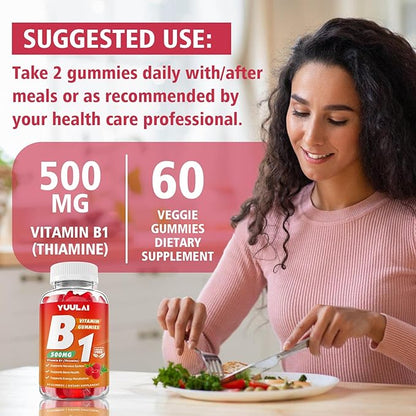 Vitamin B1 Gummies 500mg for Adults & Kids, Thiamine B1 Supplement with Magnesium, Vitamin B1 Supplement for Nervous System Supports & Boost Energy, Raspberry Flavor, 60 Count