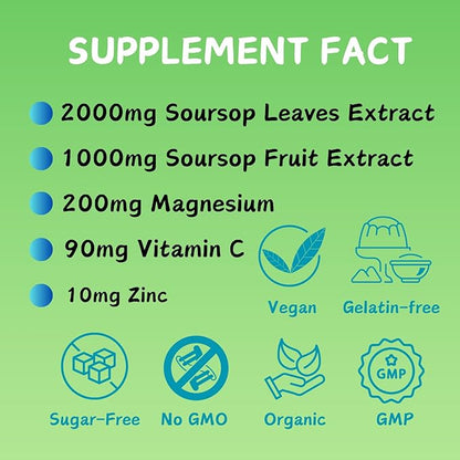 Soursop Graviola Gummies | 2000mg Soursop Leaves Extract for Digestive, Cell Support, Immune Support and Antioxidant | High-Absorption | Non-GMO, Vegan, 60 Gummies