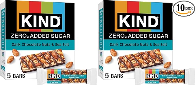 KIND ZERO Added Sugar Bars,Dark Chocolate Nuts and Sea Salt,Keto Friendly Snacks,Gluten Free,5g Protein,5 Count (Pack of 2)