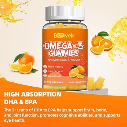 2 Pack Omega-3 Gummies Vegan 1200mg, EPA and DHA Omega-3 Fatty Acids with Folate, Vitamin A, Vitamins C & E, High Potency Omega 3 Supplements for Immune Support, 120 Count