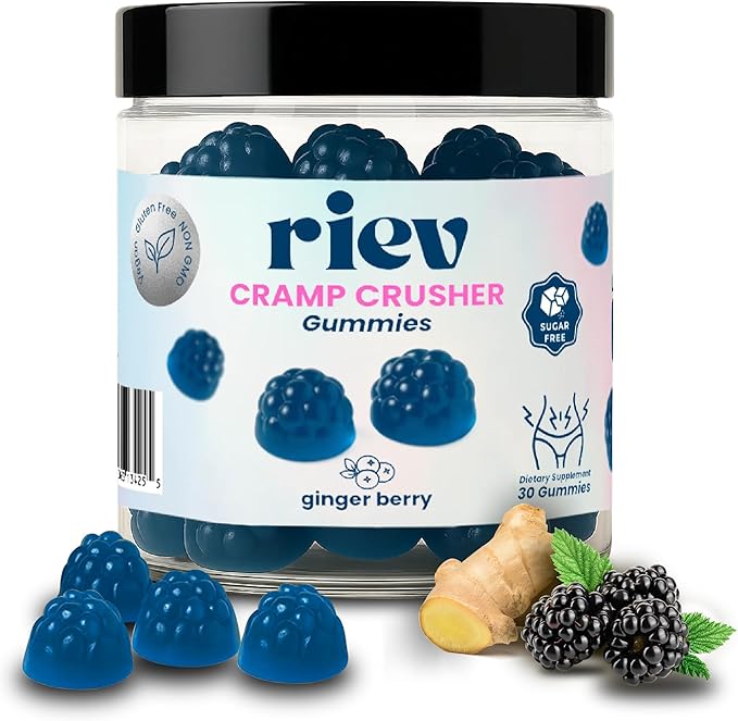 riev Cramp Crusher Gummies – Soothe the Cycle Storm, Natural Plant-Based Formula with Ginger, Dong Quai & Magnesium – Vegan, Non-GMO, No Sugar – Ginger Berry Flavor – 30 Gummies