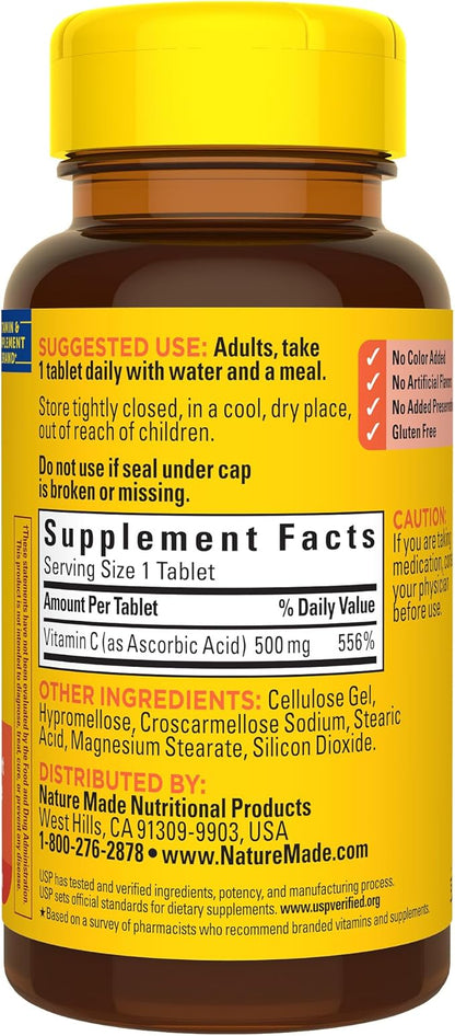 Nature Made Vitamin C 500 mg Tablets, Dietary Supplement, Vitamin C for Immune Support, 100 Tablets, 100 Day Supply
