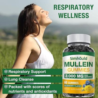 Simhould 2 Pack Sugar Free 3000MG Mullein Gummies - Lung Cleanse, Mullein Leaf Extract Supplement for Respiratory, Organic Mullein Drops with Quercetin & Bromelain for Lung, Digestive Health & Immune