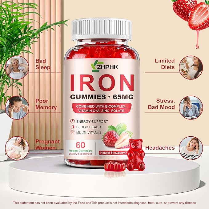 ZHPHK Iron Supplement Gummies, 65mg Iron for Women Men Kids, Natural Vegan Iron Gummy with Folate Gentle on Stomach, Gluten Free, Energy Support & Immune Health, 60 Gummies