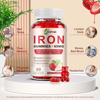 ZHPHK Iron Supplement Gummies, 65mg Iron for Women Men Kids, Natural Vegan Iron Gummy with Folate Gentle on Stomach, Gluten Free, Energy Support & Immune Health, 60 Gummies
