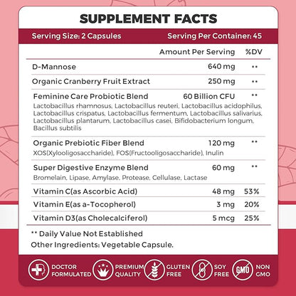 ZEBORA Urinary Tract Health for Women - Vaginal Probiotics for Women Digestive Health and pH Balance - D Mannose Supplements with Cranberry to Cleanse Urinary Tract & Bladder - 90 Capsules