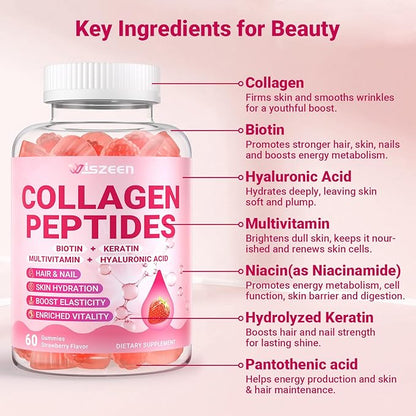 Collagen Gummies for Women, Sugar-Free Hydrolyzed Collagen Gummy with Type I, II, III, V, X Collagen Peptides, Biotin, Hyaluronic Acid & MultiVitamins, Promote Skin/Hair/Nail/Bones, 120 Cts