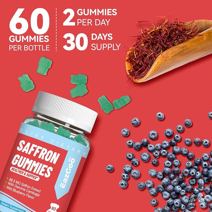 Saffron Supplements Gummies, Saffron Extract for Positive Mood & Calm Nerve, Boost Energy, with Garcinia Cambogia, Vitamin A, B12, Rhodiola Rosea - 60 Gummies