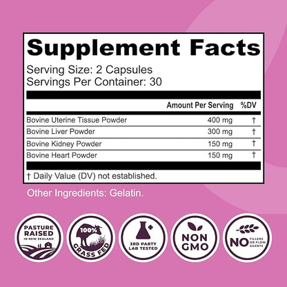 Beef Organ Supplement for Women - Beef Liver, Kidney, Heart and Uterus Tissue, Supports Women's Overall Energy and Health - Pasture Raised in New Zealand - No Fillers or Flow Agents - 60 Capsules