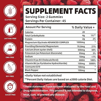 Magnesium Glycinate Gummies 1000mg with Magnesium L - Threonate,Chelated Magnesium Potassium Complex Supplement with VitD, B6, CoQ10, Calcium,Supports for Memory, Calm, Mood - 90 Gummies