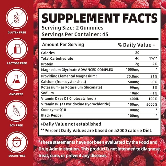 Magnesium Glycinate Gummies 1000mg with Magnesium L-Threonate,Chelated Magnesium Potassium Complex Supplement with VitD, B6, CoQ10, Calcium,Supports for Memory, Calm, Mood - 180 Gummies Raspberry